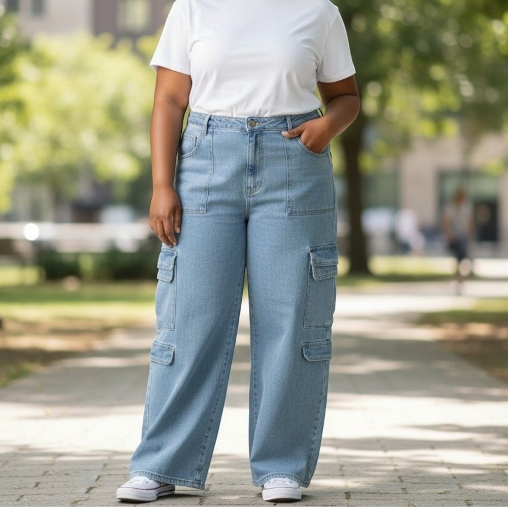 NEW American Bazi Women 1X Light Blue Utility Wide Leg Cargo Jeans Y2K Baggy